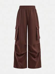 SHEIN Girlism 少女英文图案印花圆领运动衫和工装口袋裤休闲装 - 棕色 - 查看 8