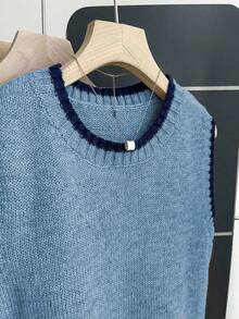 Franclia Casual Loose Crew Neck Sleeveless Knit Contrast Trim Khaki Sweater Top For Women, Spring/Autumn - Blue - View 5