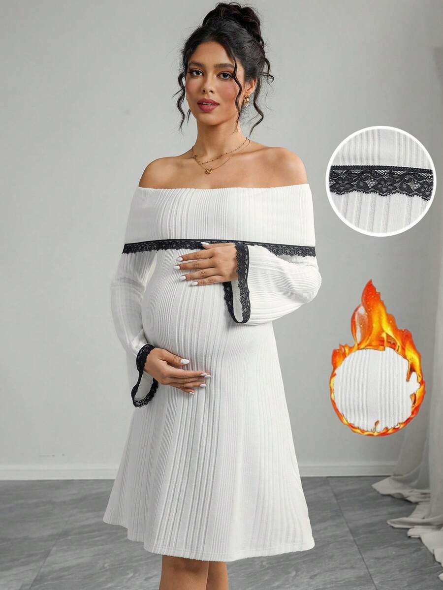 Momance 孕妇撞色蕾丝罗纹露肩长袖优雅连衣裙 - 白色 - 查看 1