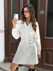 Siren Gaze Vestido camisero blanco elegante para mujer, ropa de otoño para mujer, conjuntos de otoño para mujer 2025, nueva moda de invierno imprescindible - Vestido mini de manga larga con botones al frente y cintura ceñida, ideal para salir, fiestas, graduaciones y eventos formales, lujoso y elegante, adecuado para el trabajo, el día a día, el streetwear, Halloween, Navidad, Año Nuevo, fiestas nacionales y disfraces. - Blanco - Ver 1