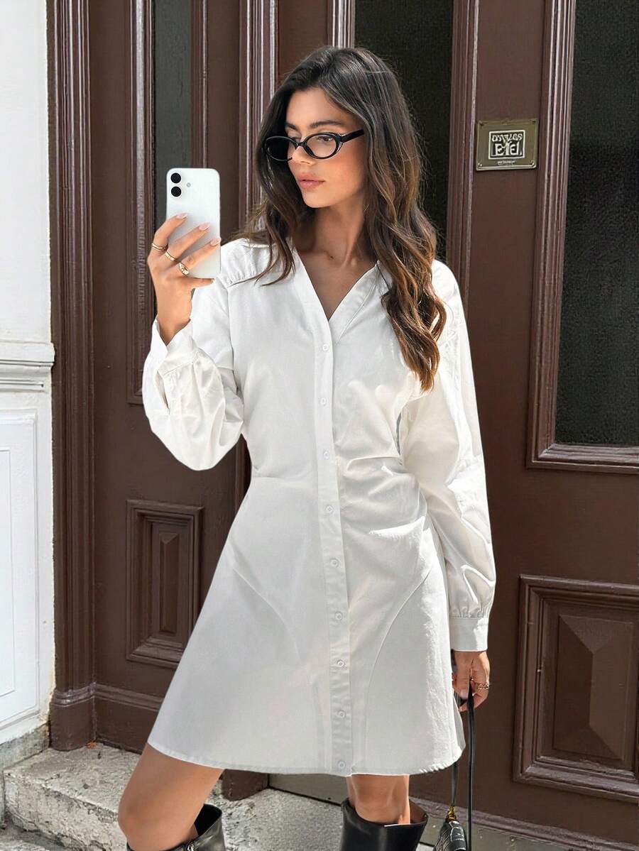 Siren Gaze Vestido camisero blanco elegante para mujer, ropa de otoño para mujer, conjuntos de otoño para mujer 2025, nueva moda de invierno imprescindible - Vestido mini de manga larga con botones al frente y cintura ceñida, ideal para salir, fiestas, graduaciones y eventos formales, lujoso y elegante, adecuado para el trabajo, el día a día, el streetwear, Halloween, Navidad, Año Nuevo, fiestas nacionales y disfraces. - Blanco - Ver 1