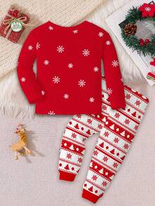 SHEIN Happikins Merry Christmas Young Girl Casual Minimalist Christmas Cute Cartoon Reindeer, Christmas Tree, Snowflake, Christmas Bell, Candy Cane Pattern, Christmas Geometric Floral, Fair Isle, Red Patchwork, Thermal Lined Soft Comfortable Long Sleeve Long Pants Sleepwear, Snug Fit Christmas Pajamas - Multicolor - View 3