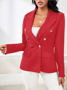 SHEIN Unity Chaqueta de cárdigan de doble botonadura con cuello pico de unicolor simple para mujer, adecuada para el trabajo y el transporte - Rojo - View 4