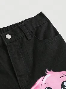 SHEIN 千禧少女可爱卡通兔子图案宽松黑色牛仔裤，适合秋冬季日常穿着、街头风、万圣节、圣诞节、新年、感恩节等场合，保暖百搭。 - 黑色 - 查看 4
