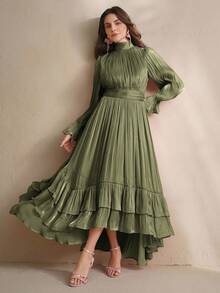 Anewsta Elegant Sage Green Vintage Asymmetrical Ruffle Hem Flare Sleeve Maxi Dress,Perfect For Autumn Day Party,Wedding,New Year Evening & Stylish Chic Gown - Green - View 6