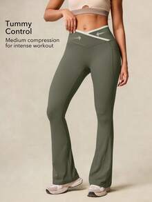 OutZeal 女士交叉腰部撞色喇叭户外裤 徒步露营 - 軍綠色 - 查看 2