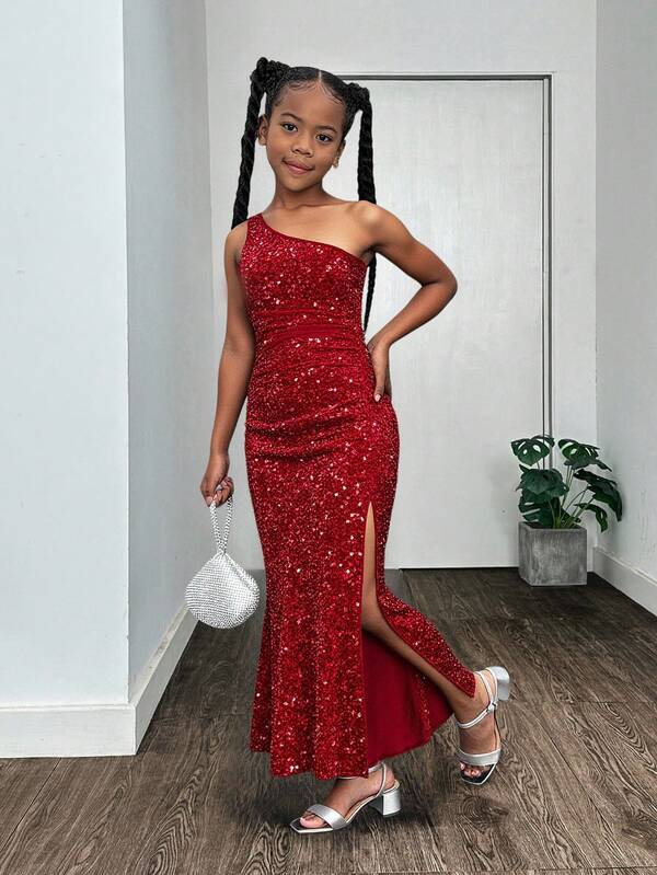 SHEIN Tween Girl Elegant Sequin Embellished Fitted Mermaid Dress Red Carpet Formal Girl Dress Red Prom Dress Long For Little Girl Red Glittery Dress Long Red Sequin Dress Girls One Strap Party Dress Girl