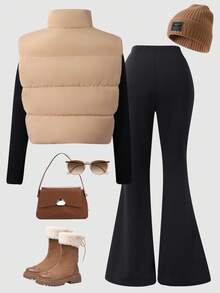 Women's Casual Cotton Vest & Leggings 2 Pieces Set, Solid Black, Suitable For Outdoor Sports & Yoga - Multicolor - View 2