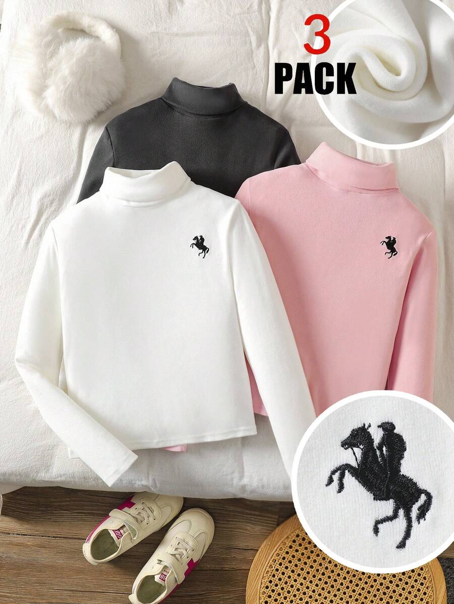SHEIN 3pcs Tween Girls' Solid Black White Pink Embroidered Casual Turndown Collar Long Sleeve Tops Set,Basic School Back-To-School Autumn Clothes 3 Packs - Multicolor - View 1