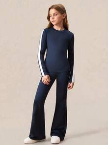 SHEIN 青少年女孩两件套服装，休闲时尚舒适长袖上衣和裤子套装，蓝色 - 藍色 - 查看 3