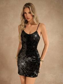 Almamuse Women's Solid Color Sequin Fashionable Sexy Spaghetti Strap Short Dress
