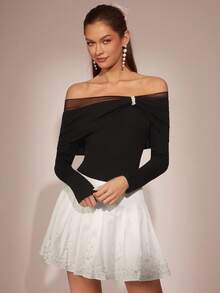 Enchnt Maglia a maniche lunghe da donna in maglia aderente, con decorazione in perle, patch in rete, scollo a spalle scoperte, adatta per feste, appuntamenti, vacanze, laurea, uscite, Ognissanti, Natale, autunno, Capodanno