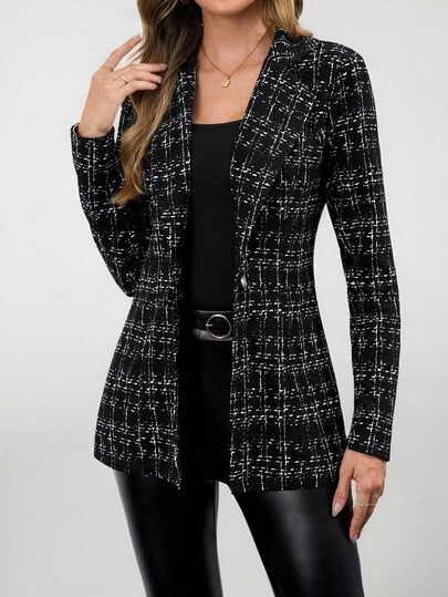 SHEIN Tall Women Casual Elegant Plaid Commuter Slim Fit Blazer Jacket, Autumn
