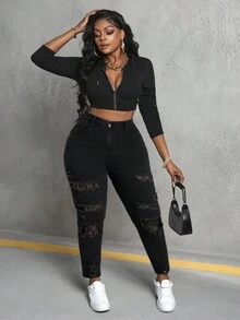 SHEIN EZwear 大码性感紧身弹力破洞蕾丝拼布牛仔裤 - 黑色 - 查看 5