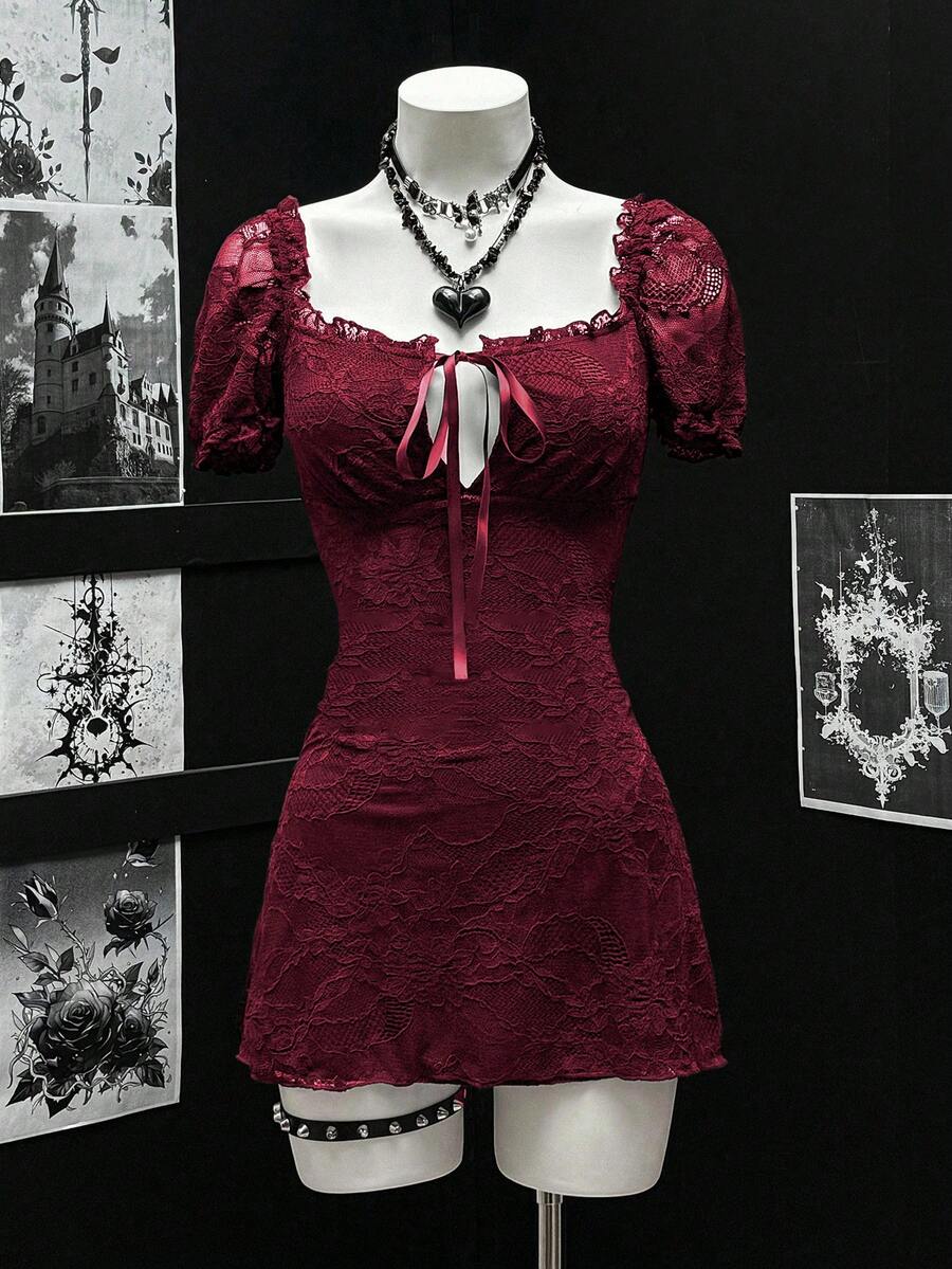 EgrlEra Váy ngắn chữ A thắt eo bằng vải ren gợi cảm dành cho nữ - Màu Đỏ Sâu - Xem 1