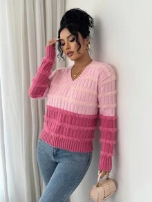 Qadelle Women's Contrast Color V-Neck Long Sleeve Casual Loose Knit Sweater, Autumn/Winter - Pink - View 3