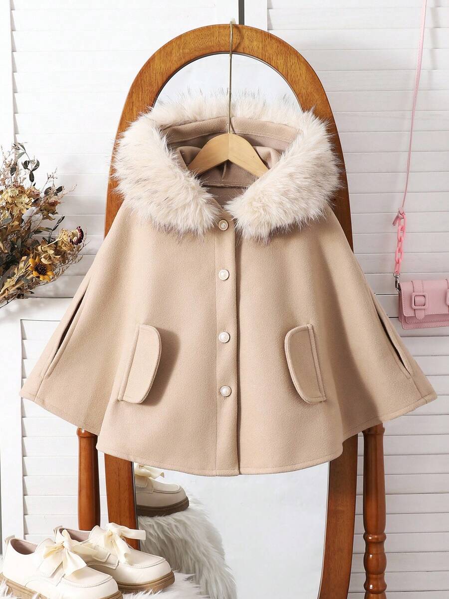 SHEIN 一件少女斗篷外套，带可拆卸帽子和人造毛领，优雅甜美，适合日常、度假和各种活动穿着。