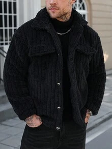 Manfinity Homme 加大码翻盖细节纽扣前法兰绒夹克男士短袖外套男士冬季服装、男士夹克、男士前扣长袖口袋简约夹克、休闲日常穿着、男士夹克、秋冬男士夹克、男朋友礼物、温暖长袖休闲灯芯绒法兰绒夹克外出、泰迪熊衬里大衣男士 S、男士街头夹克、男士短袖外套、街头风格美式复古灯芯绒夹克男士黑色夹克男士毛衣夹克男士短袖外套 F - 黑色 - 查看 8