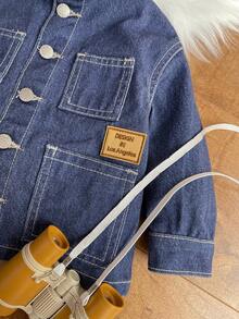 SHEIN Little Byeori معطف أطفال صبيان أزرق داكن جينز بياقة متباينة أكمام طويلة - أزرق داكن - مشاهدة 6