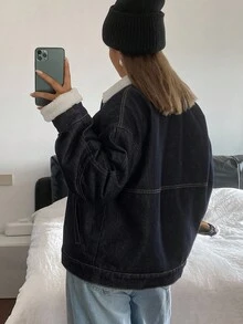 DAZY Damen Jacke und Mantel aus Denim mit Farbblockdesign, Fake-Pelz-Patchwork und Kragen - Dunkle Waschung - Übersicht 5