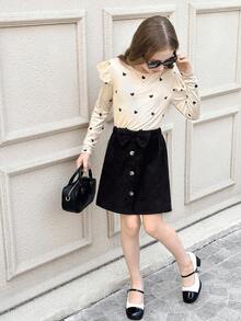 SHEIN Serisse Kids Conjunto de 2 piezas de suéter con cuello redondo y volantes con patrón de corazón tejido, y falda media con decoración de lazo de pana, estilo casual, lindo y elegante para niña preadolescente, adecuado para salidas diarias en otoño/invierno