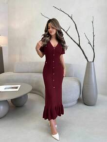 Jemour 勃艮第红女士纯色 V 领短袖单排扣长款优雅针织毛衣连衣裙 - 酒紅色 - 查看 6