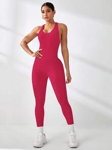 Core Rhythm 女式露背交叉设计无袖性感运动连体裤 - 玫紅色 - 查看 3