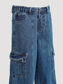 SHEIN Vacaura 复古水洗宽松多口袋直筒牛仔裤，适合青少年男孩，休闲街头风，男女皆宜