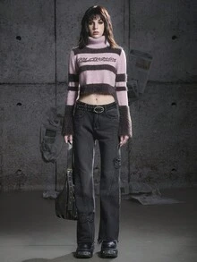 Bloopia Retro Ngọt Ngào Nổi Loạn Sang Trọng Thời Trang Đa Năng Thường Ngày Tối Giản Cho Nữ Áo Len Cổ Cao Sọc Chữ Jacquard Tay Dài Cắt Ngắn, Thích Hợp Cho Mùa Thu/Đông Và Halloween - Hồng - Xem 4