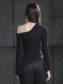 Bloopia 复古朋克摇滚性感叛逆时尚个性百搭女式秋冬万圣节新款金属环不对称肩领腰部不对称下摆开衩修身喇叭袖衬衫 - 黑色 - 查看 2