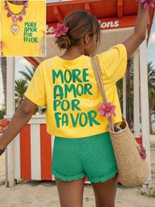 SHEIN Unity 夏季大码休闲标语印花短袖圆领T恤 - 黃色 - 查看 1