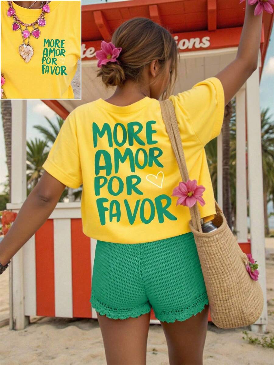 SHEIN Unity 夏季大码休闲标语印花短袖圆领T恤 - 黃色 - 查看 1