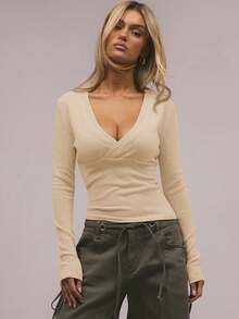 MUSERA V领裹身针织长袖上衣，优雅春假可爱性感90年代夏季粉嫩甜美机场度假冬季日常晚宴派对优雅 - 奶油色 - 查看 7