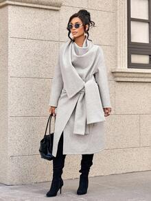 SOLERSUN Women's Simple Commuter Wool Jacket For Winter Long Sleeve Collar Can Be Worn Three Times As A Belt Scarf Asymmetrical Hem Long Tweed Jacket - Grey - View 1