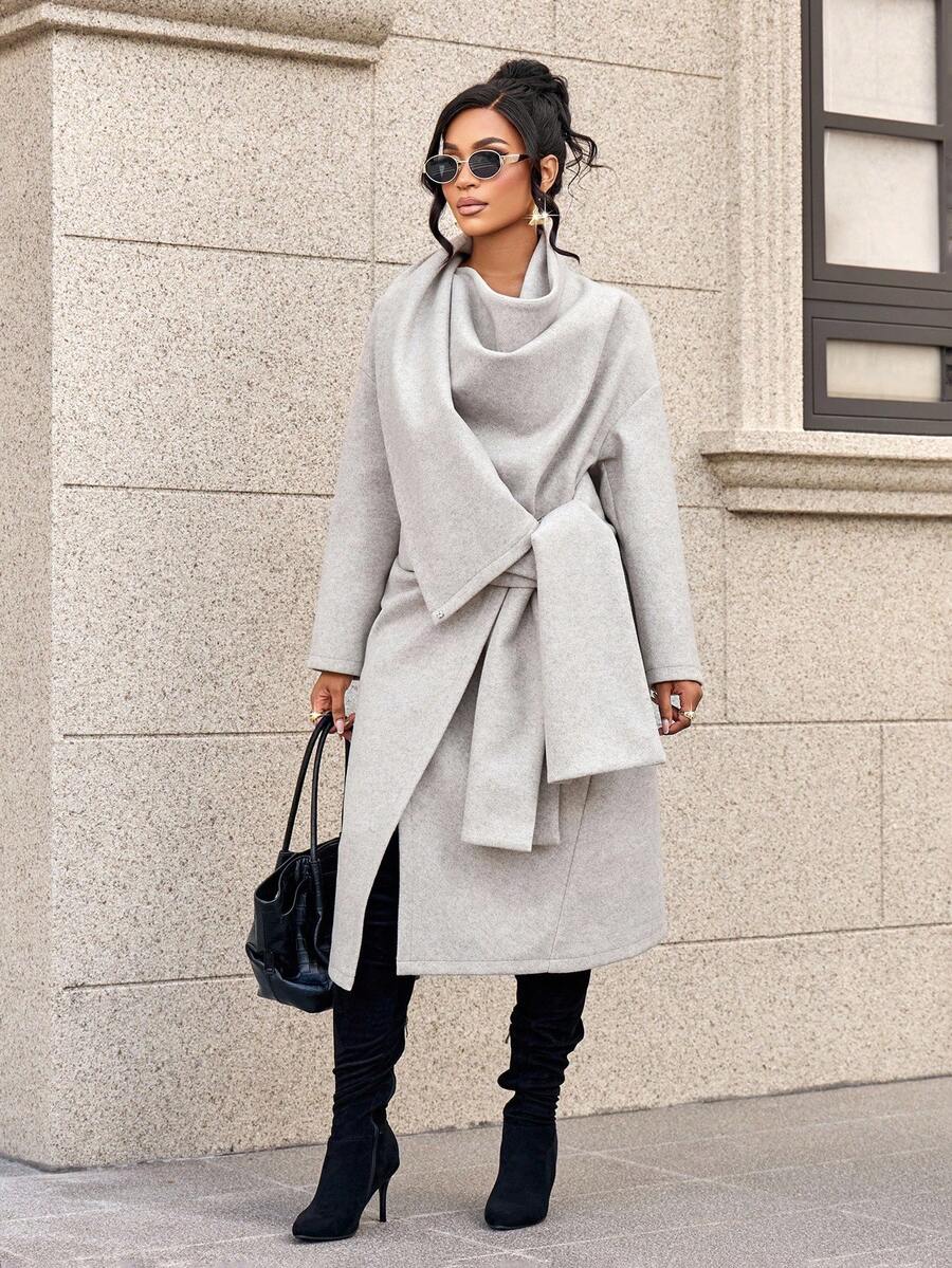 SOLERSUN Women's Simple Commuter Wool Jacket For Winter Long Sleeve Collar Can Be Worn Three Times As A Belt Scarf Asymmetrical Hem Long Tweed Jacket - Grey - View 1