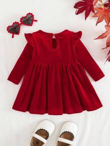 SHEIN Vestito autunnale bordeaux per neonata, carino, lavorato a maglia, con maniche lunghe elastiche, per Natale, compleanno, primavera, casual, minimalista, tinta unita, per neonata - Rosso - Visualizzare 2
