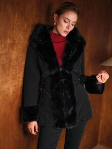 MOTF PREMIUM Áo khoác lông thú giả có mũ trùm đầu tương phản, mùa thu đông - màu đen - Xem 5