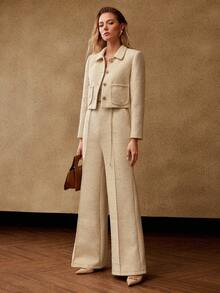 MOTF PREMIUM CHAQUETA CUADRADA DE TWEED DE LANA, INVIERNO, CITAS - Albaricoque - Ver 2