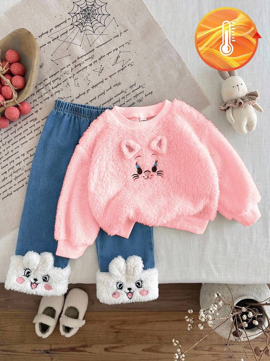 SHEIN 2pcs Baby Girls Pink Autumn Cute Family Matching Outfit,Animal Embroidery Fluffy Long Sleeve Sweatshirt And Pants With Fluffy Embroidered Hem Set - Pink - View 1
