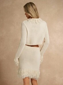 Chiquease 2pcs Fashionable Sexy Fringe Decor Cardigan & Knit Skirt Set - Beige - View 2