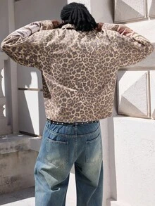 ROMWE MEN Street Life Spring Casual Graphic Men'S Street Fashion Leopard Print Denim Long Sleeve Jacket - Brown - View 2