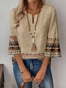 EMERY ROSE Plus Size Geometric Print Cutout Neck Casual Vacation Shirt Bohemian Tops Boho Blouses Fall Tops Women Boho Tops Plus Size Boho Tops For Women