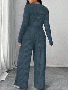 Calvaya Plus Size Soft Knit Ribbed Fabric Criss-Cross Long Sleeve T-Shirt + Soft Ribbed Wide Leg Pants Casual Homewear 2 Pieces Set - Dusty Blue - View 2