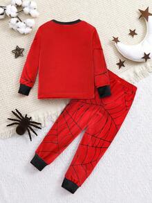 SHEIN 2pcs/Set Young Boy Spider & Superhero Print Snug Fit Round Neck Long Sleeve T-Shirt And Soft Comfortable Pajama Pants, Casual Sleepwear Set, Autumn/Winter - Multicolor - View 2