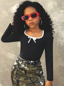 Coolane Kids 少女芭蕾舞风格蝴蝶结修身T恤，简约时尚休闲日常款，适合秋冬季、万圣节、圣诞节、派对、生日等场合，可爱又时髦，Y2K风格 - 黑色 - 查看 5