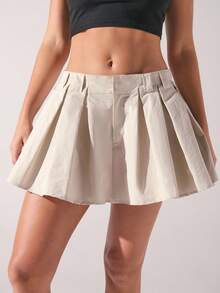 Menodora SHEIN Sport Women'High-Waisted Pleated Mini Skirt, Flared Silhouette, Structured Fabric, Elegant And Versatile Design,Suitable For Autumn - Khaki - View 2