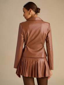 Enchnt Fall/Winter Romantic Women's Brown Lapel Neck Long Sleeve Double-Breasted Fashion PU Leather Jacket,Chic&Elegant For Date&Daily Commuting&Office&Going Out,Autumn Jacket For Women,Fall Clothes For Women,Autumn Outfits For Women