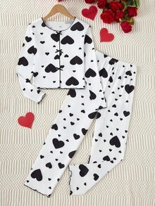 Tween Girl Heart Print Contrast Piping Lettuce Trim Bow Front Top & Pants Pajama Set, Spring/Autumn - Multicolor - View 3