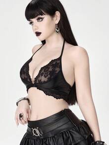 ROMWE Áo ngực không dây viền ren phong cách Gothic dành cho nữ với 9 móc cài - màu đen - Xem 4