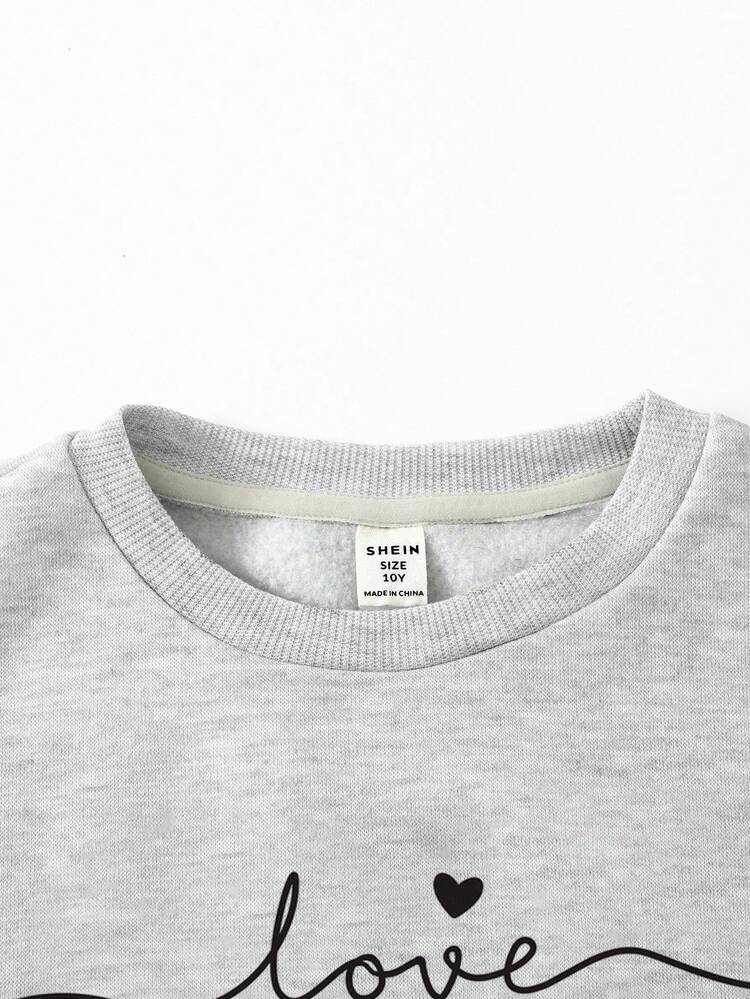 SHEIN 2 件套 Tween Girls 保暖内衬字母和心形图案超大运动衫和阔腿运动裤套装，浅灰色 - 淺灰色 - 查看 3